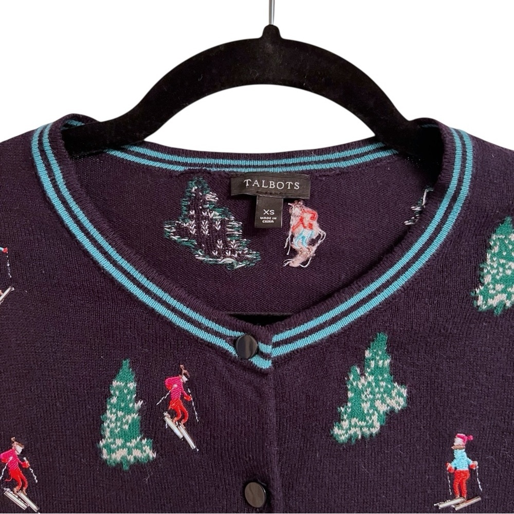 Talbots Cardigan Sweater with Embroidered Winter Holiday Ski and Tree Design XS - Picture 2 of 4